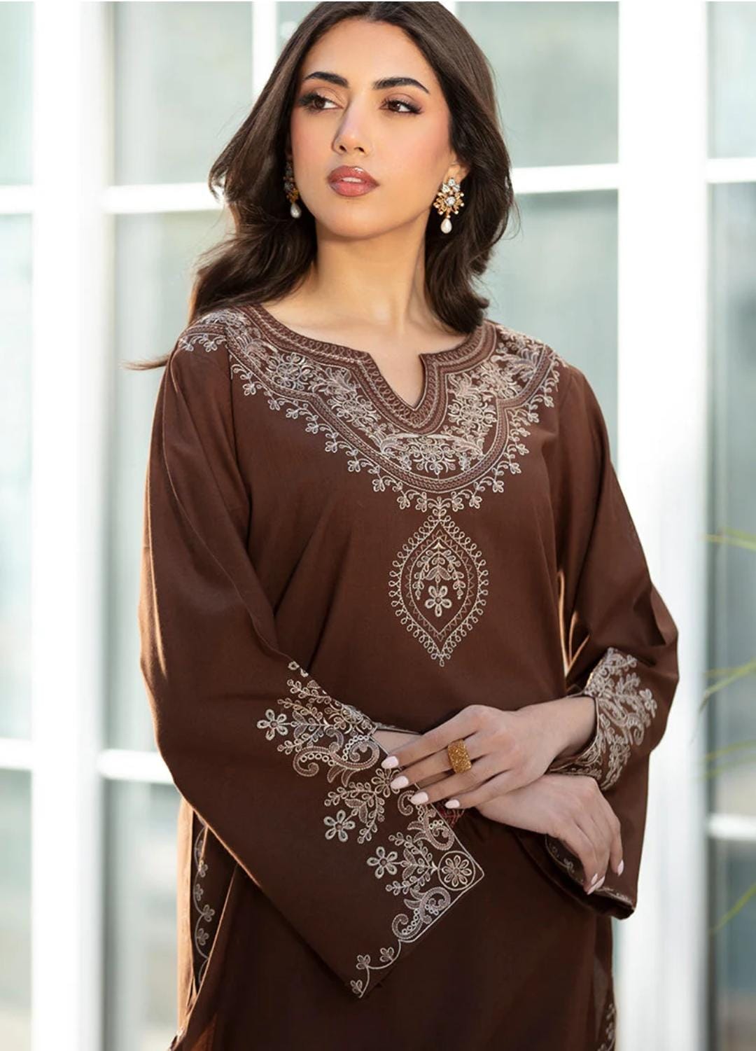 Woman wearing a brown embroidered dress with a blurred background