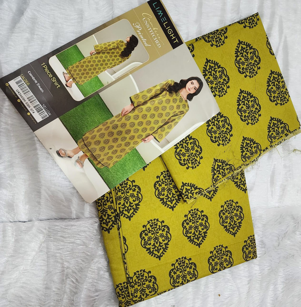 Yellow fabric with black pattern and a patterned paper on a white surface