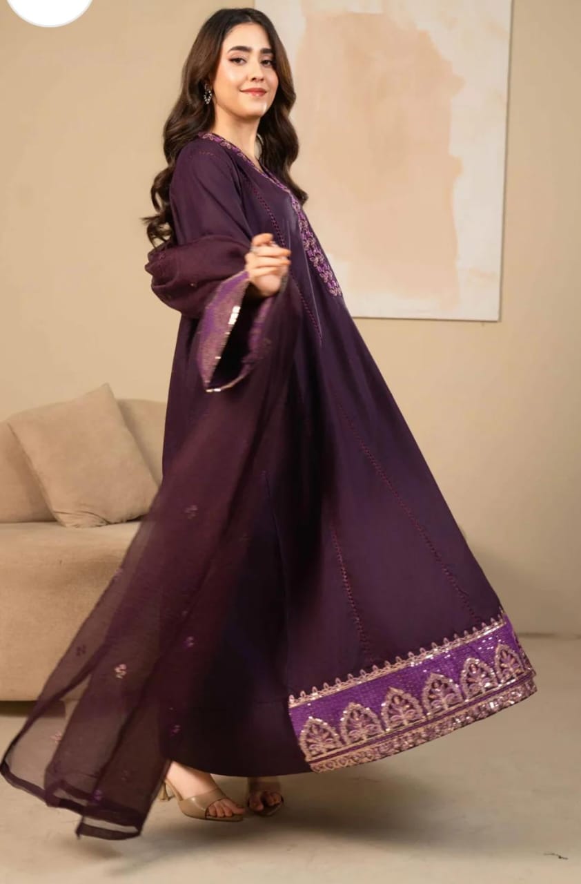 Woman wearing a purple traditional outfit with embroidery in a room.