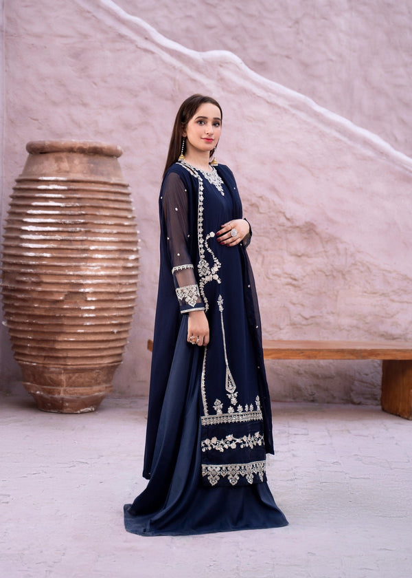 Festive blue chiffon 3 piece ready to wear suit for weddings and parties