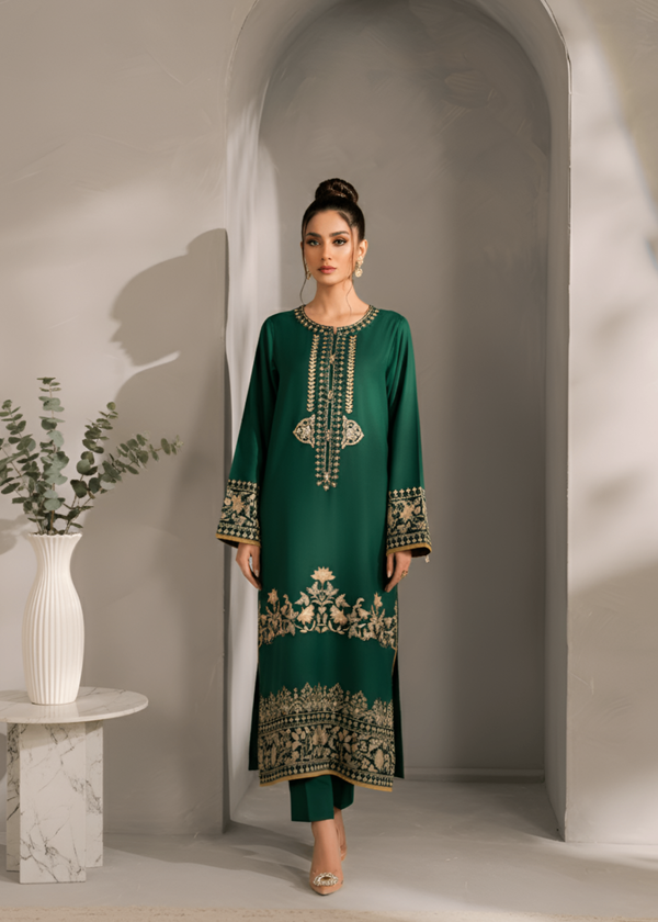 Elegant Teal Linen Embroidered Kurta with Straight Trousers & Chiffon Dupatta 2