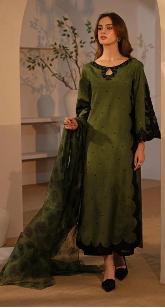 Woman wearing a green and black traditional outfit in an indoor setting.