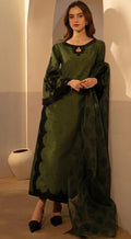 Woman wearing a green saree with black border indoors