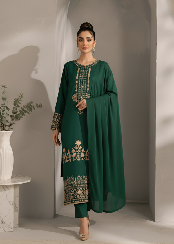 Elegant Teal Linen Embroidered Kurta with Straight Trousers & Chiffon Dupatta