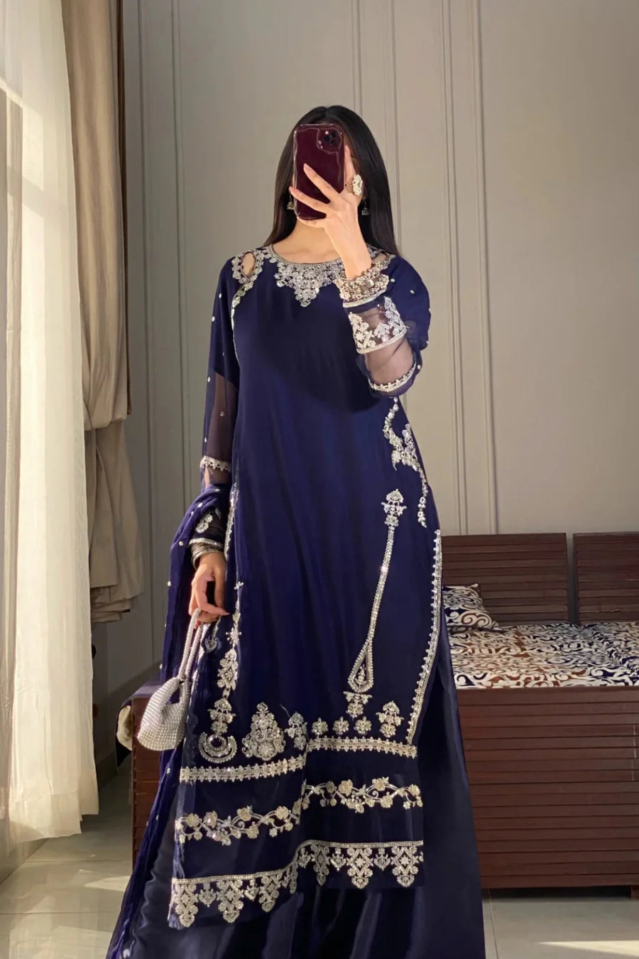 Blue luxury chiffon embroidered 3 piece sharara suit for festive wear